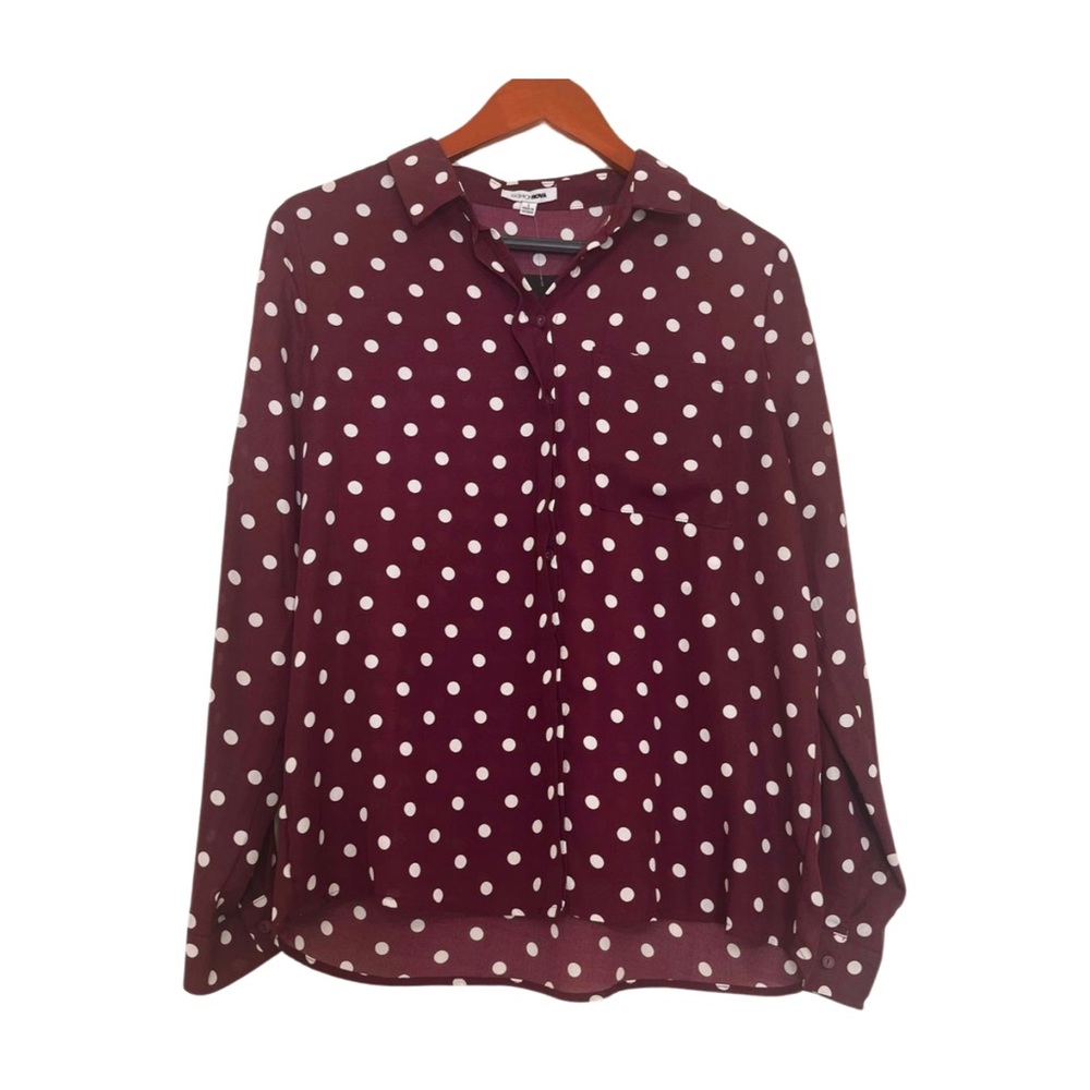 NWT Deep Maroon/ White Polka Dot Long Sleeve Button Front Blouse. Size Large